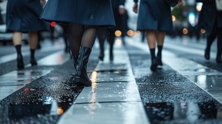 Close-up of women's legs on the street in rainy dayの素材