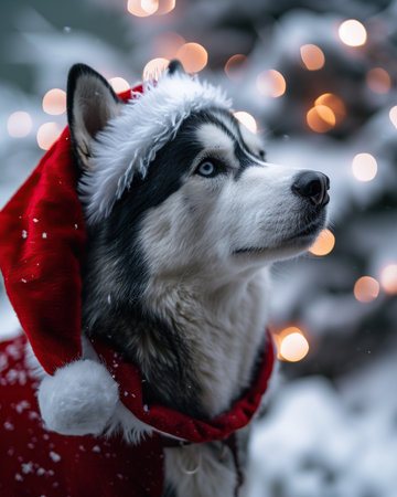 Portrait of a siberian husky dog wearing santa claus hat looking upの素材