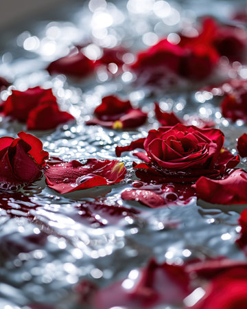 Beautiful red rose petals in water. Shallow depth of field.の素材