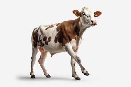 Cute brown and white cow standing isolated on white background with shadowの素材