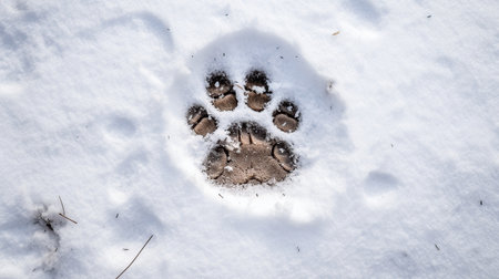 Footprints in the snow. Footprints of a dog in the snow.の素材
