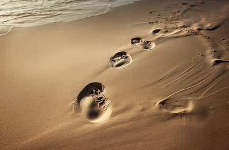 Footprints in the sand on the beach at sunset. Shallow depth of fieldの素材