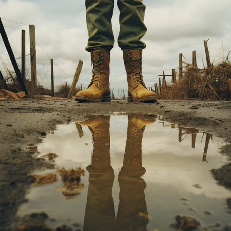 Military boots of a man on the shore of a puddleの素材