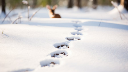 Rabbit tracks in the snow in winter forest, shallow depth of fieldの素材