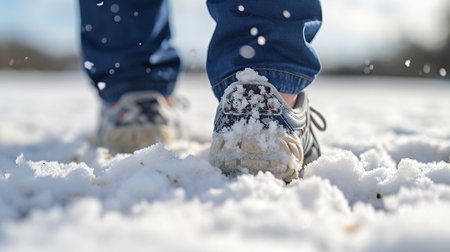 Close-up of a man's feet in sneakers on the snowの素材