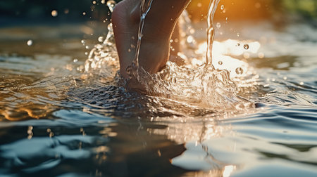 Closeup of woman's legs splashing water in a lake.の素材