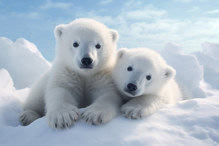 Polar bear cubs on the pack of snow, north of Svalbard Arctic Norwayの素材