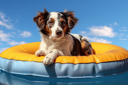 Cute dog on inflatable ring in swimming pool against blue skyの素材