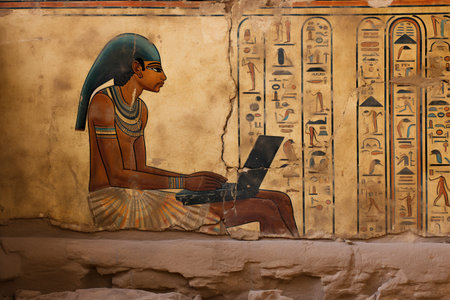 Egyptian hieroglyphs on the wall of an ancient temple using a laptopの素材