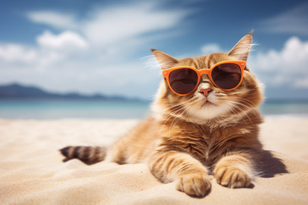 Cute ginger cat wearing sunglasses lying on the beach and relaxing.の素材