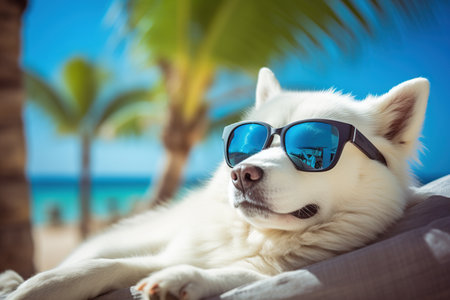 Siberian husky dog in sunglasses on the beach with palm treesの素材