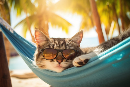 Cute cat sleeping in hammock on tropical beach. Summer vacation conceptの素材