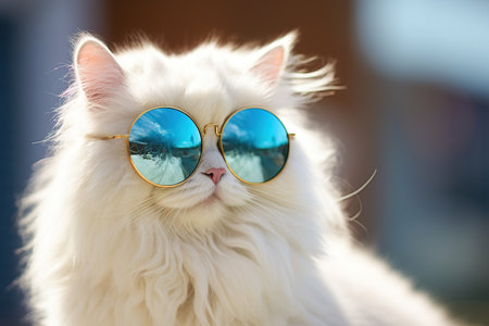 Portrait of a white persian cat wearing blue round sunglasses.の素材