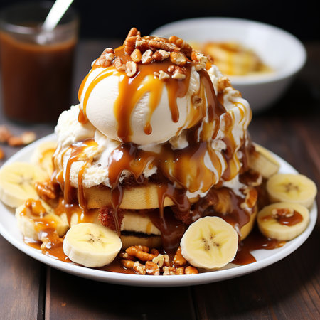 Pancakes with ice cream, banana and caramel on wooden tableの素材
