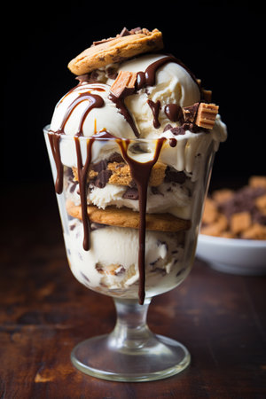 ice cream with chocolate and cookies in a glass on a dark backgroundの素材
