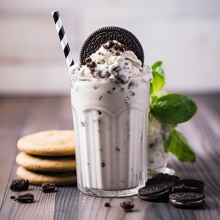 Milkshake with whipped cream and chocolate cookies on a wooden backgroundの素材
