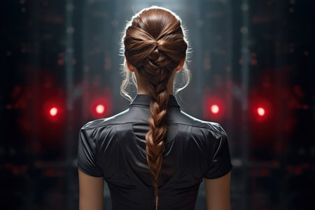 Back view of businesswoman with braids in black dress on dark backgroundの素材
