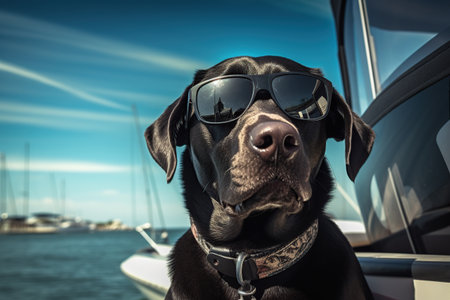 Portrait of a black Labrador Retriever dog wearing sunglasses and sitting on a yachtの素材