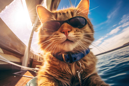Portrait of a beautiful red cat in sunglasses on a yacht.の素材