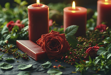 Burning candles with flowers and wax bar on dark background, closeupの素材