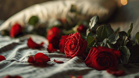 Red roses and petals on the bed in the morning light.の素材