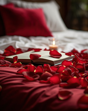 Red rose petals on the bed with a book and a candleの素材