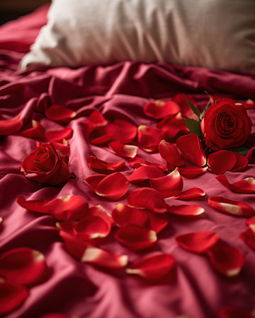 Red rose petals on the bed. Valentine's day concept.の素材