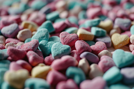 Colorful heart shaped candy marshmallows on white background, closeupの素材