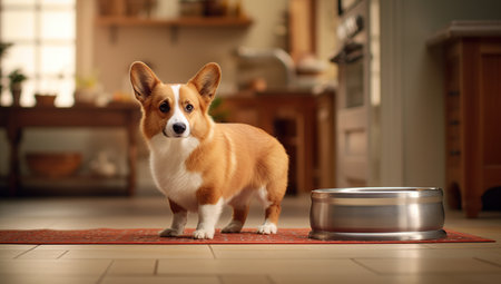 Welsh corgi pembroke stands on the floor next to a bowl of foodの素材