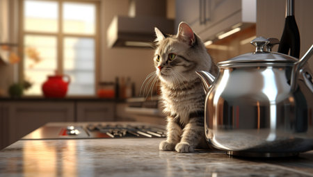 Cute tabby cat with teapot on table in kitchenの素材