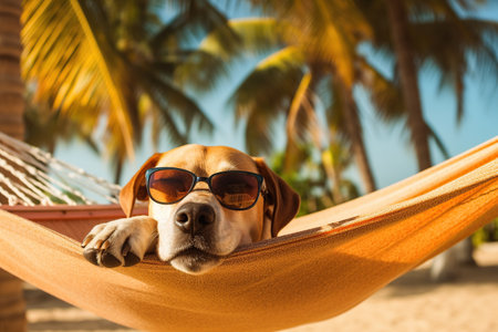 Cute beagle dog sleeping in hammock with sunglasses on the beachの素材
