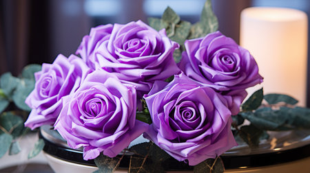 bouquet of purple roses on a table in a flower shopの素材