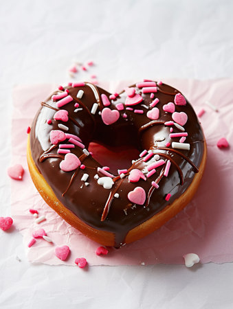 Donut with chocolate glaze and sprinkles on a white backgroundの素材