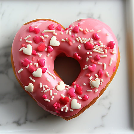 Pink glazed donut with sprinkles and heartsle background. Valentine's Dayの素材