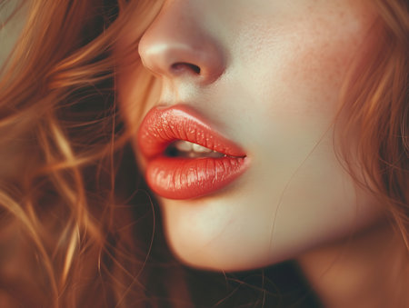 Closeup portrait of a beautiful young woman with red lips and curly hairの素材