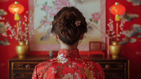 The back of the girl in a red Chinese dress with a beautiful hairstyle.の素材