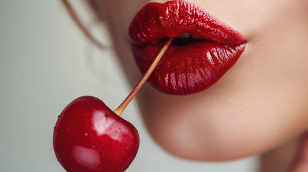 Close-up of beautiful female lips with cherry on a stick.の素材
