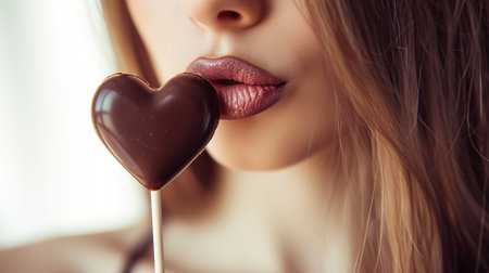 Close up of a beautiful young woman eating chocolate heart shaped lollipopの素材
