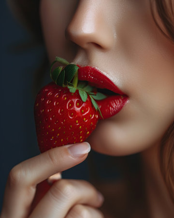 Close-up portrait of a beautiful young woman with strawberry in mouthの素材