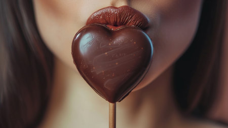 Close up of woman lips with chocolate heart shaped lollipop.の素材