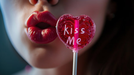 Lollipop in the shape of a heart in the mouth of a girlの素材