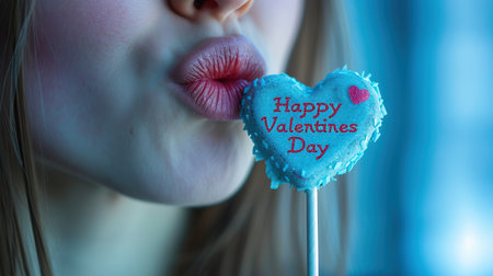 Happy valentines day! Beautiful young woman with heart shaped lollipop on blue backgroundの素材