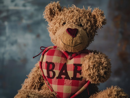 Teddy bear with a red heart on a dark blue background.の素材