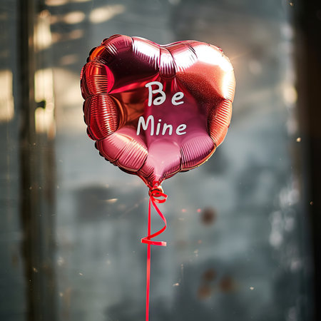 Red heart-shaped balloon in the shape of a heart with the inscription Be mine.の素材