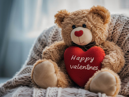 Teddy bear with heart on knitted plaid. Valentine's day conceptの素材