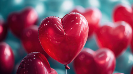 Valentine's day background with red heart-shaped balloons.の素材