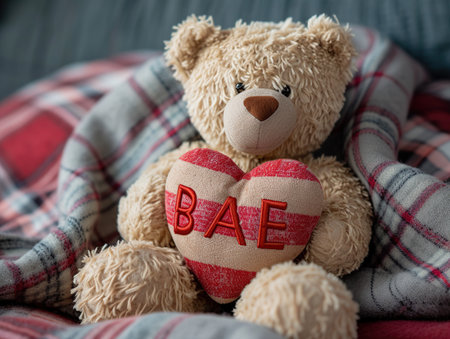 Teddy bear with red heart on plaid, valentines day conceptの素材