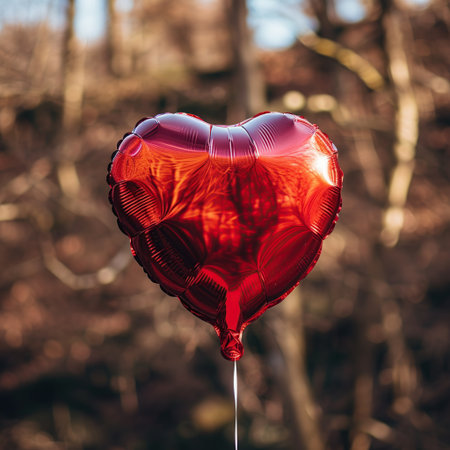 Red heart-shaped balloon in the shape of a heart on the background of the forestの素材