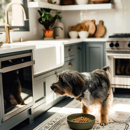 Cute yorkshire terrier eating dry food in kitchen at homeの素材