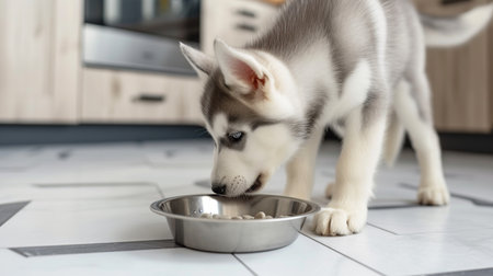 Cute siberian husky puppy eating from bowl at homeの素材